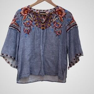 Johnny Was Workshop Embroidered Top XS Floral Blouse Boho Summer Western Hippie